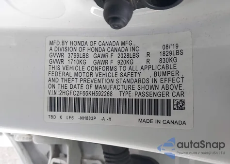 2019 Honda Civic Lx из США, поврежденный, VIN 2HGFC2F66KH592268